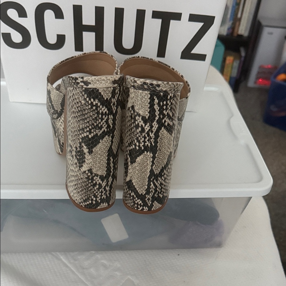 SCHUTZ Black and Cream Snake Print Platform Shoes - Picture 6 of 8